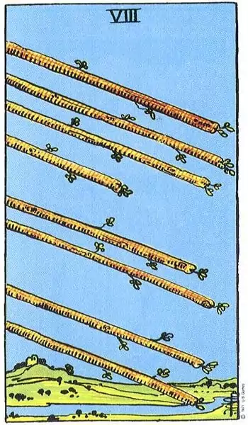 A series of wands or sticks are depicted diagonally across a blue sky, with varying colors from yellow to orange. The background features green hills, suggesting a natural landscape.