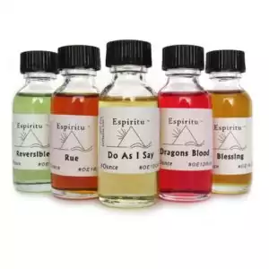 Espiritu brand label for 1oz ritual oil bottle series with product and usage details.