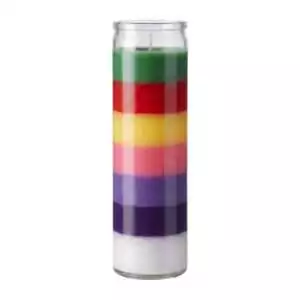 7 Color 7-Day jar candle — tall glass jar with seven rainbow horizontal layers in red through purple representing all seven chakras.