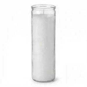 Solid white 7-day glass jar candle for universal ritual petition work purification ancestor offerings and spiritual devotion across all magical traditions