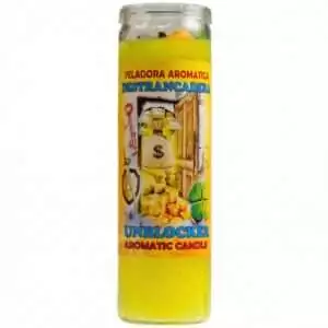 Destrancadera Unblocker yellow 7-day ritual jar candle with colorful label for road-opening spiritual work