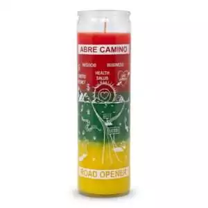 Road Opener / Abre Camino 7-day jar candle with tricolor red, green, and yellow layers — ritual candle for clearing blocked paths in health, business, and relationships.