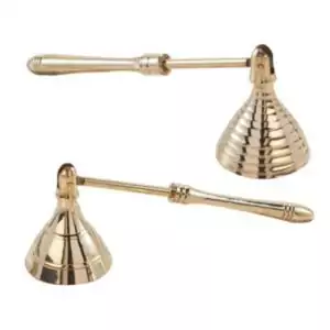 Two decorative brass candle snuffers with conical bell caps and slender handles, showing polished finish and elegant proportions.