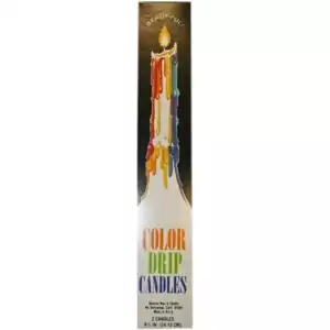 Pair of multi-color drip candles showing layered bands of red, yellow, blue, and green wax — designed for ceromancy wax reading rituals.