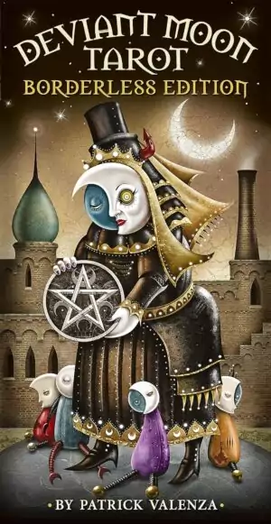Deviant Moon Borderless Tarot card showing a whimsical character in a tall hat with a moonlit surreal cityscape behind
