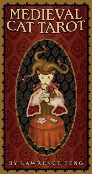 Medieval Cat Tarot card featuring a cat dressed in medieval attire seated at a table with tarot cards — whimsical richly ornamented illustration by Pace & Teng.