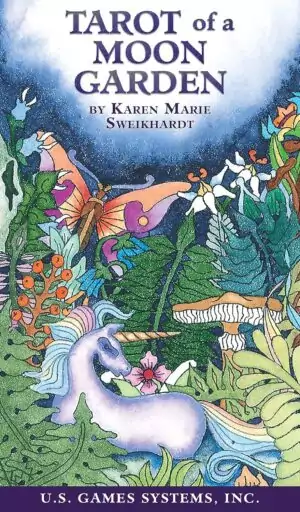 Tarot of a Moon Garden deck showing dreamlike botanical fantasy illustrations with RWS-based structure in soft pastel watercolor style.