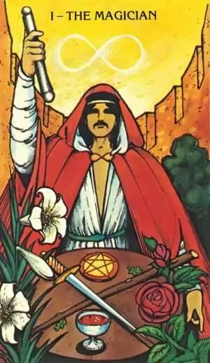 Morgan-Greer Tarot Magician card — robed figure holding wand aloft with cup, sword, pentacle, and staff symbols against mountain background.