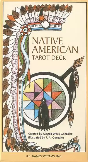 Native American Tarot deck cover showing a geometric circular design with a standing figure and bold 'NATIVE AMERICAN TAROT DECK' title — colorful U.S. Games Systems packaging.