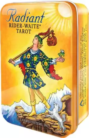 Radiant Rider-Waite Tarot pocket deck collectible tin — vibrant tin featuring the Fool card in jewel-toned Poshkus recoloring for travel tarot readings.