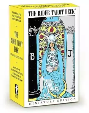 Rider-Waite Mini Tarot Deck box — miniature edition packaging featuring colorful RWS imagery and robed figure design showing the small pocket size of this classic 78-card tarot.