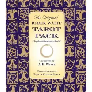 Original Rider-Waite Tarot Deck Restored Edition box — ornate purple and gold packaging featuring the classic Pamela Colman Smith deck design.