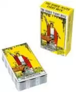 DRIDWAI2TA_Z_3 Rider-Waite Tarot Magician card prominently displayed on top of the yellow US Games Systems deck box.