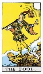 Version 1.0.0 The Fool Rider-Waite Tarot card showing a young man in colorful clothes on a cliff edge with a small dog at his heels.
