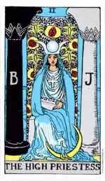 Version 1.0.0 The High Priestess Rider-Waite Tarot card showing a seated woman in blue robes holding a scroll with a crescent moon at her feet.