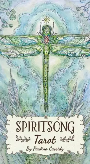 Spiritsong Tarot card featuring a dragonfly surrounded by whimsical watercolor patterns and soft flowing colors.