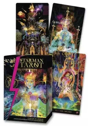 Starman Tarot deck box showing Davide De Angelis’ cosmic futurism illustration style, a 78-card RWS-based deck with companion guidebook.