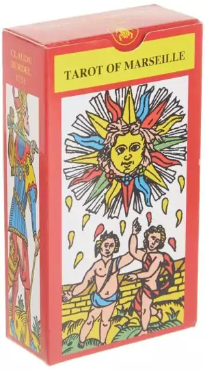 Tarot of Marseille Claude Burdel Lo Scarabeo deck box — red box featuring the Sun card with children and traditional Marseille tarot artwork.