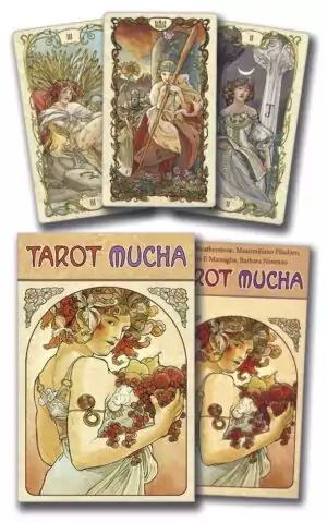 Set of Tarot Mucha cards displayed upright alongside the Lo Scarabeo box — intricate Art Nouveau illustrations in the style of Alphonse Mucha.