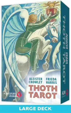 The Thoth Tarot deck box features a vibrant illustration of a winged figure on a horse, holding a cup and surrounded by swirling patterns. The design includes the names of Aleister Crowley and Frieda Harris, along with the deck's title and publisher information.