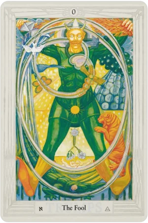 Thoth Tarot card The Fool depicting a figure with a playful expression surrounded by colorful esoteric symbols and vivid background.