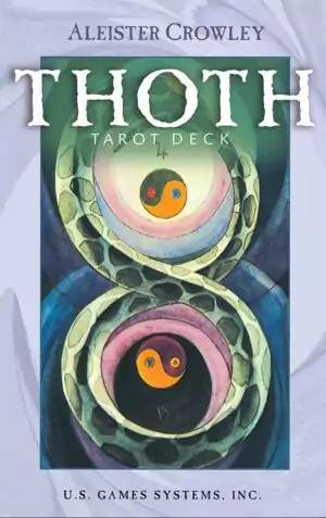 Thoth Tarot pocket deck in purple edition box showing Crowley-Harris miniature cards with distinctive geometric triangular artwork