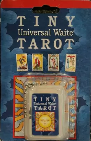 Tiny Universal Waite tarot keychain with 78 miniature Rider-Waite-Smith cards in colourful retail packaging.