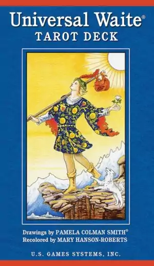 Universal Waite Tarot deck box and spread of cards showing Mary Hanson-Roberts' softly recoloured Rider-Waite-Smith imagery