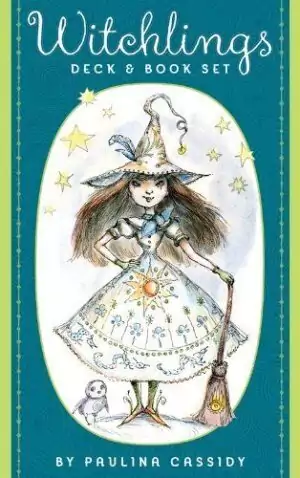 Witchlings oracle card featuring a young witch in a teal dress with a pointed hat, broomstick, and owl companion on a starry background.