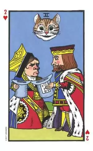 Wonderland Tarot card featuring two playing card figures in a whimsical Alice in Wonderland illustrated style.
