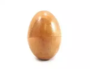 Smooth wooden egg shaker rattle in natural light wood tone — palm-sized percussion instrument for sound healing and ritual use.