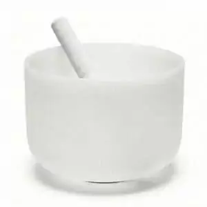 A white frosted quartz crystal singing bowl with a wooden mallet — a 10-inch sound healing bowl for deep meditation, vibrational therapy, and chakra balancing practice.