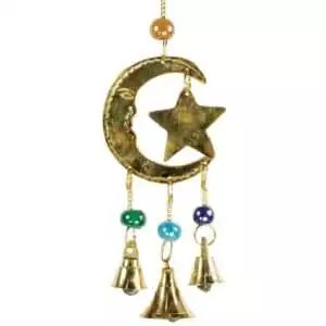 Star Moon wind chime — decorative hanging mobile with crescent moon and star, colorful beads, and three small brass bells for celestial protection.