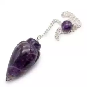 Natural purple amethyst crystal pendulum on a delicate chain, showing faceted sides and deep violet colour