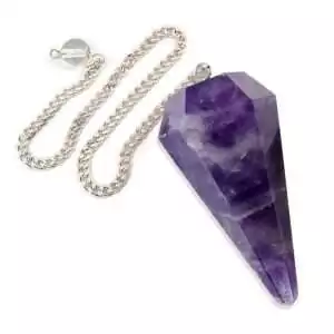 Amethyst 6-sided pendulum — natural faceted purple amethyst crystal point on silver chain for third eye intuition and divination work.