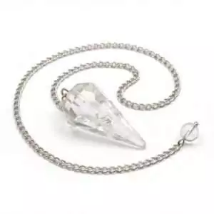 Six-sided clear quartz crystal pendulum on a silver chain — faceted master amplifier stone for dowsing and divination.