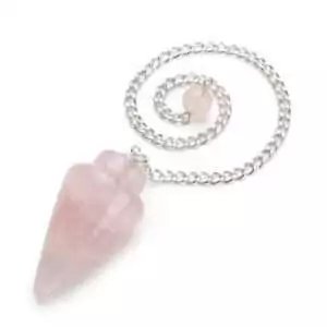 Rose quartz pendulum with pale pink faceted crystal point hanging from a silver chain — love and relationship crystal dowsing tool.