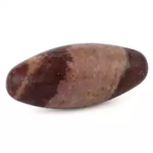Smooth egg-shaped Shiva Lingam stone from India's Narmada River with reddish mineral markings on buff quartz for kundalini meditation and sacred union altar work