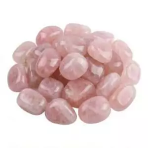 Collection of polished rose quartz tumbled stones in assorted sizes — soft pink heart chakra crystals for bulk crystal grids, altars, and self-care rituals.