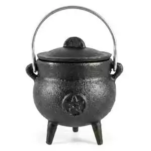 Black cast iron pentagram cauldron 3 inch with lidded top and three short legs — compact Wiccan altar incense burner.