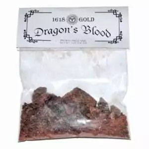Clear plastic bag of deep red Dragon's Blood resin chunks labeled 1618 Gold — 1 oz protection and ritual amplification granular incense.
