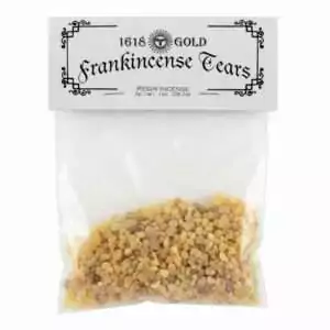 Frankincense Siftings Resin Incense 1oz — clear bag of small golden-amber frankincense resin pieces labeled 'Frankincense Tears' for charcoal-burning meditation and ritual use.