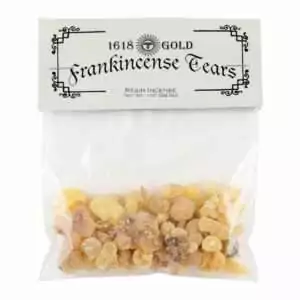 Frankincense tears resin incense 1 oz — clear plastic bag containing golden amber Boswellia sacra granular pieces labeled Frankincense Tears.