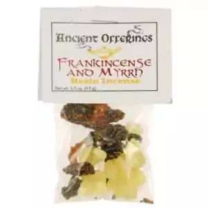 Frankincense and myrrh granular resin incense 1/3oz — clear bag labeled Ancient Offerings containing mixed Boswellia and Commiphora resin pieces.