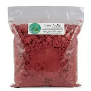 Red powder in clear plastic bag labeled Come To Me with description of positive energy attraction for ritual use, 1618 Gold brand