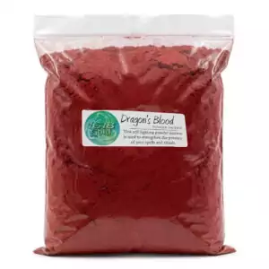 1-pound clear bag of Dragon's Blood loose powder incense in deep red from 1618 Gold — bulk loose incense for charcoal burning and protection ritual work.