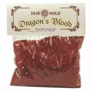 Clear plastic bag of red Dragon's Blood powder incense with decorative label, 1oz loose resin for charcoal burning and ritual use.