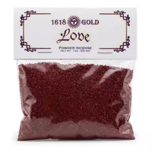 Red powder incense labeled "Love" in a clear plastic bag, featuring decorative packaging and a weight of 1 ounce.