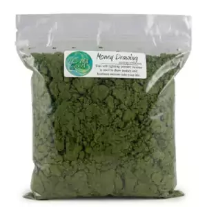 Money Drawing Powder Incense 1 lb — green loose powder in clear bag labeled 'Money Drawing' for bulk loose incense burned on charcoal in prosperity ritual and wealth attraction work.