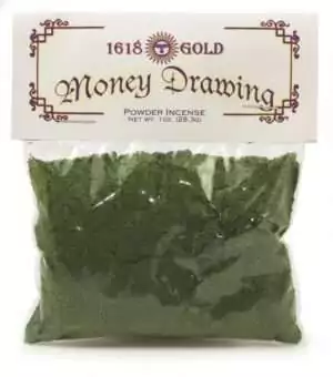 Money Drawing powder incense 1 oz — clear plastic bag filled with green self-lighting prosperity blend labeled with Money Drawing text and brand.
